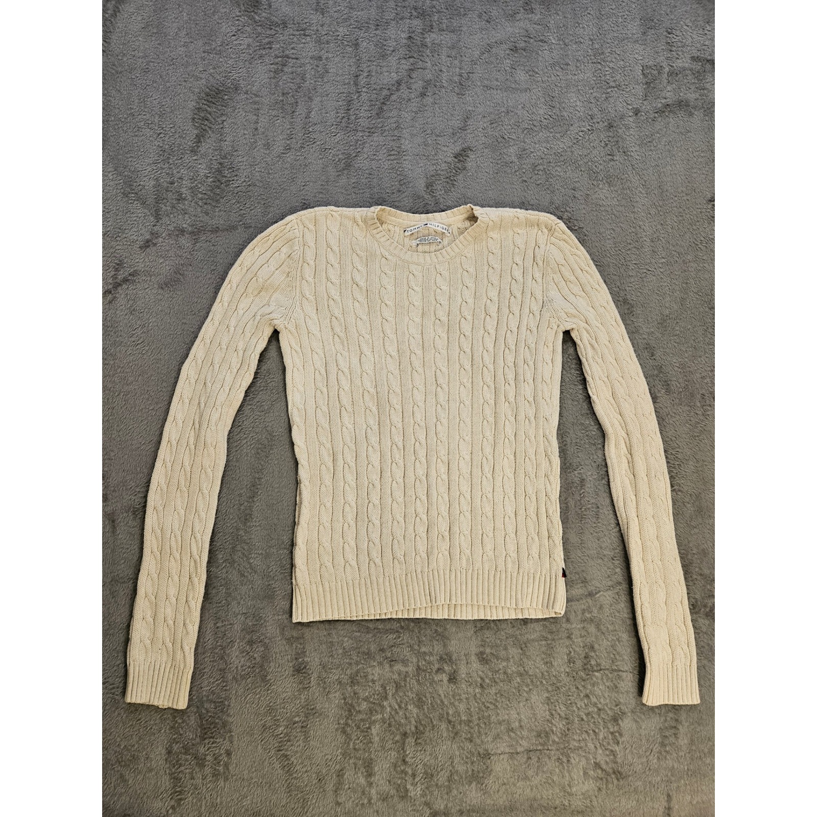 Tommy Hilfiger Womens Cream Cable Knit Cotton Crew Neck Sweater Size Small